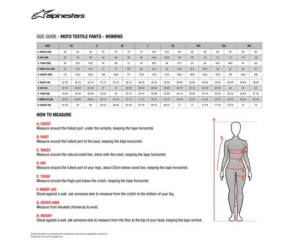 Image: Product/Part name Size Chart