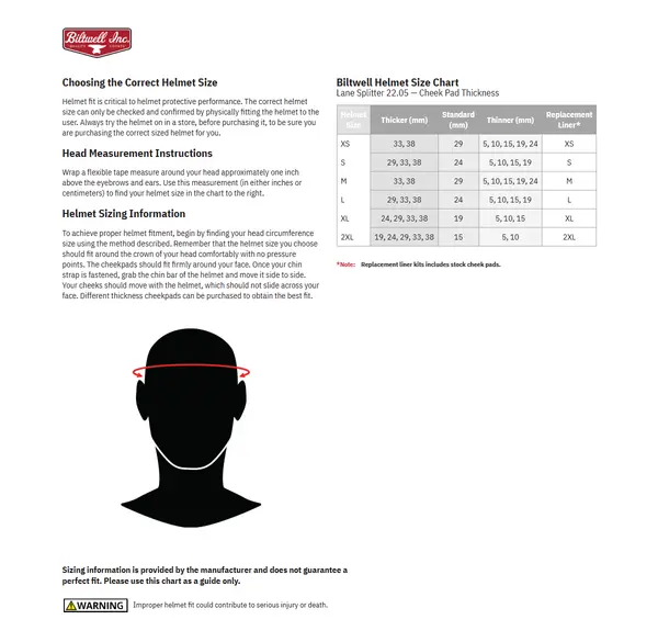 Image: Product/Part name Size Chart