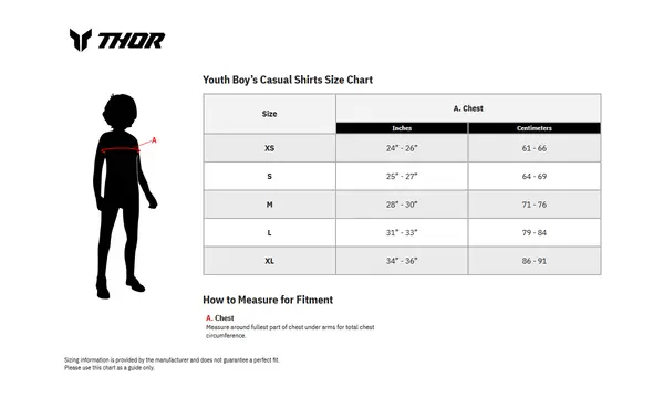 Image: Product/Part name Size Chart