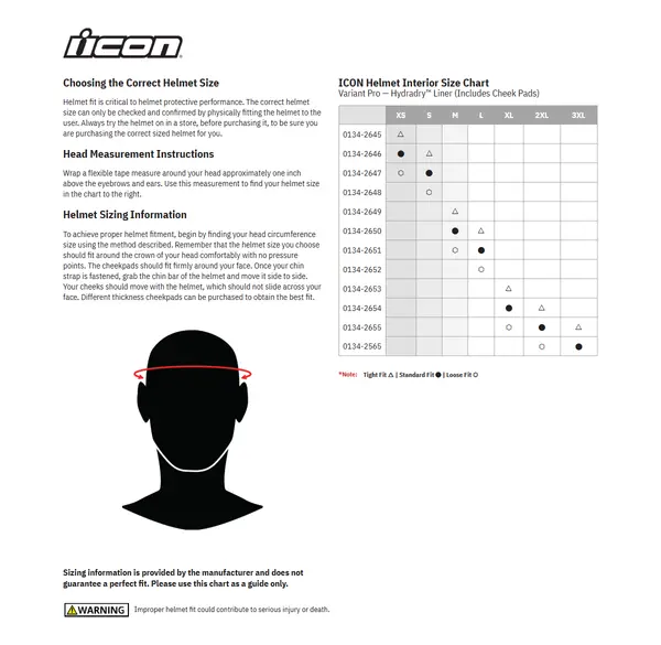 Image: Product/Part name Size Chart