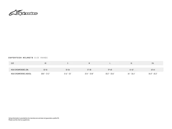 Image: Product/Part name Size Chart