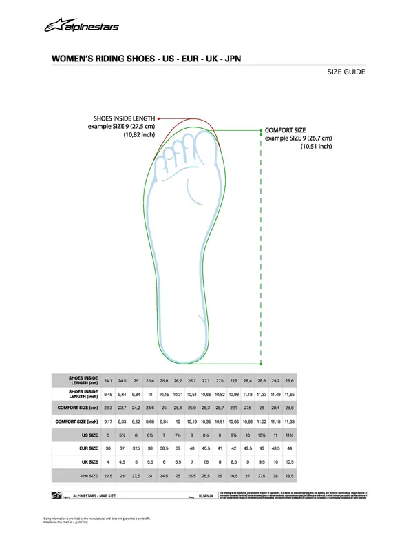 Image: Product/Part name Size Chart