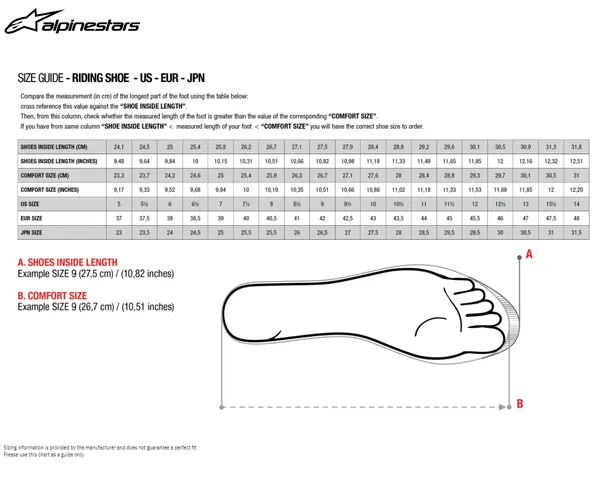 Image: Product/Part name Size Chart